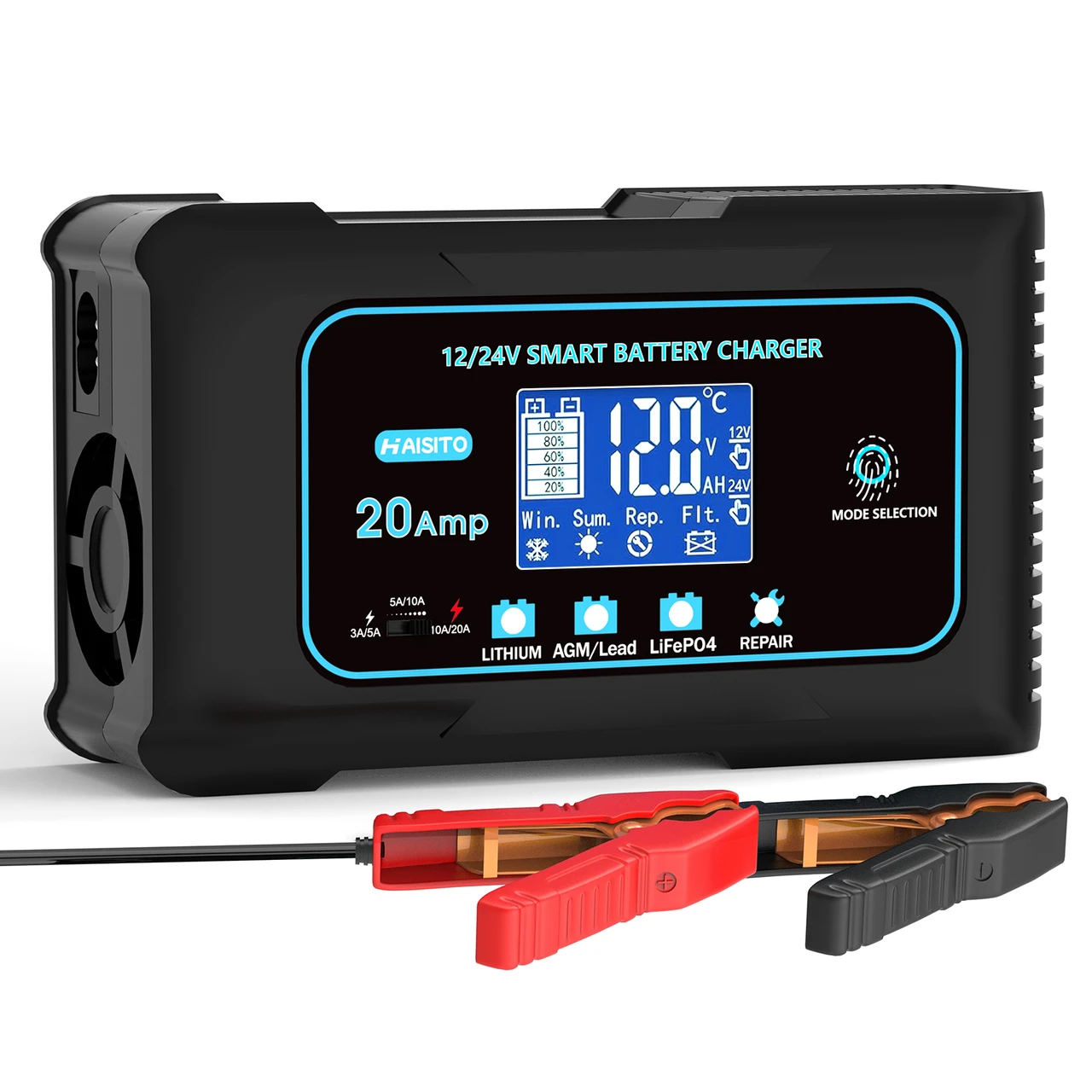 Haisito 20-Amp Smart Battery Charger (Lithium LiFePO4 & Lead-Acid), 12V/24V Rapid Automotive Car Charger with Temperature Compensation - Trickle Maintainer for Boat, Truck, RV, Lawn Mower, Marine