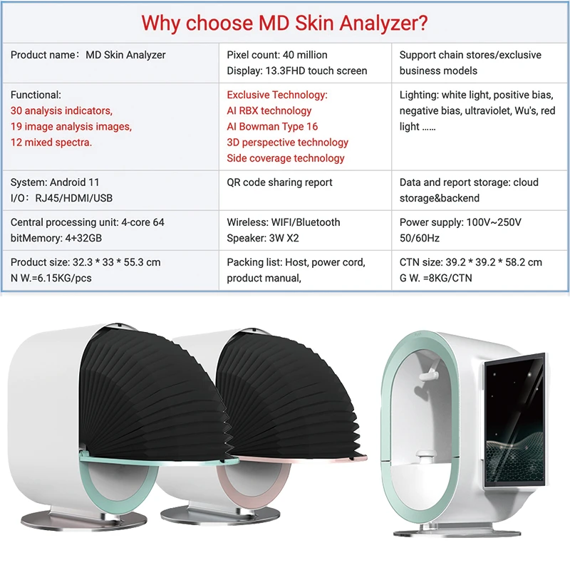 AI Skin Analyzer Professional Machines for Porphyrin Malassezia Elasticity UV spots Brown spots Sensitivity Redness Fluorescents Heavy metal Sunscreen prediction of surface spots Deep spot Al prediction for Salon Skin Clinic Home use