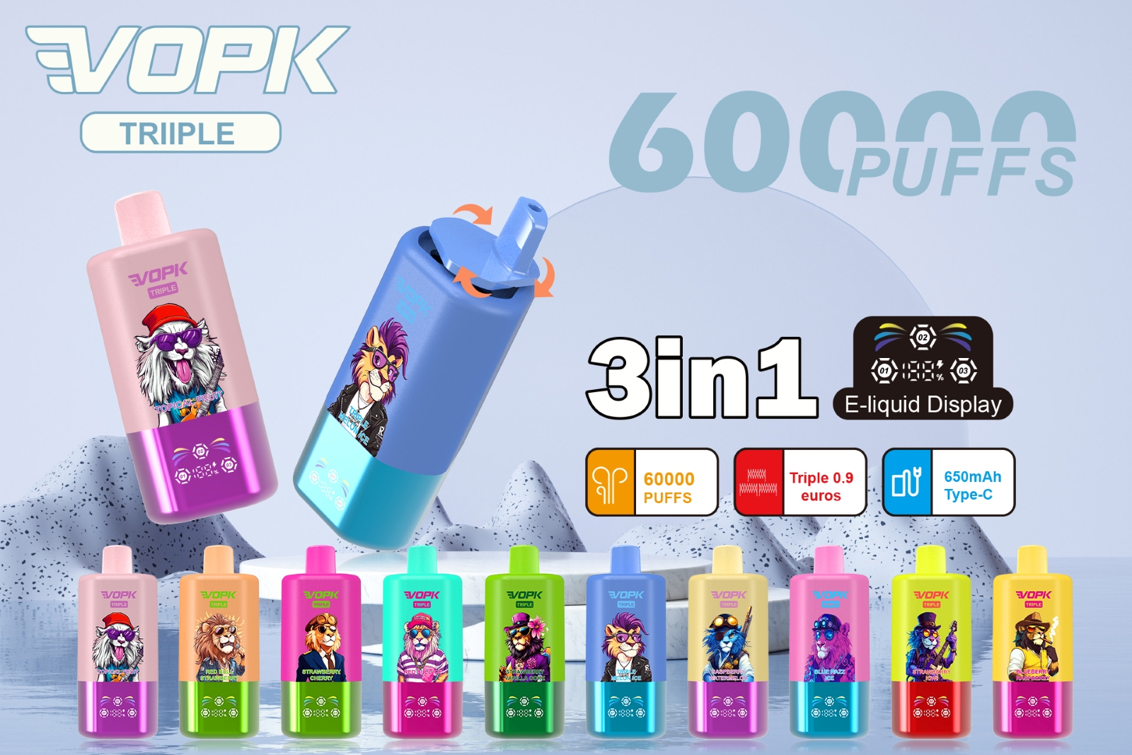 VOPK Triple 60K Puff Mesh Coil Rechargeable Disposable Vape, Type-C Fast Charging Smooth Flavor