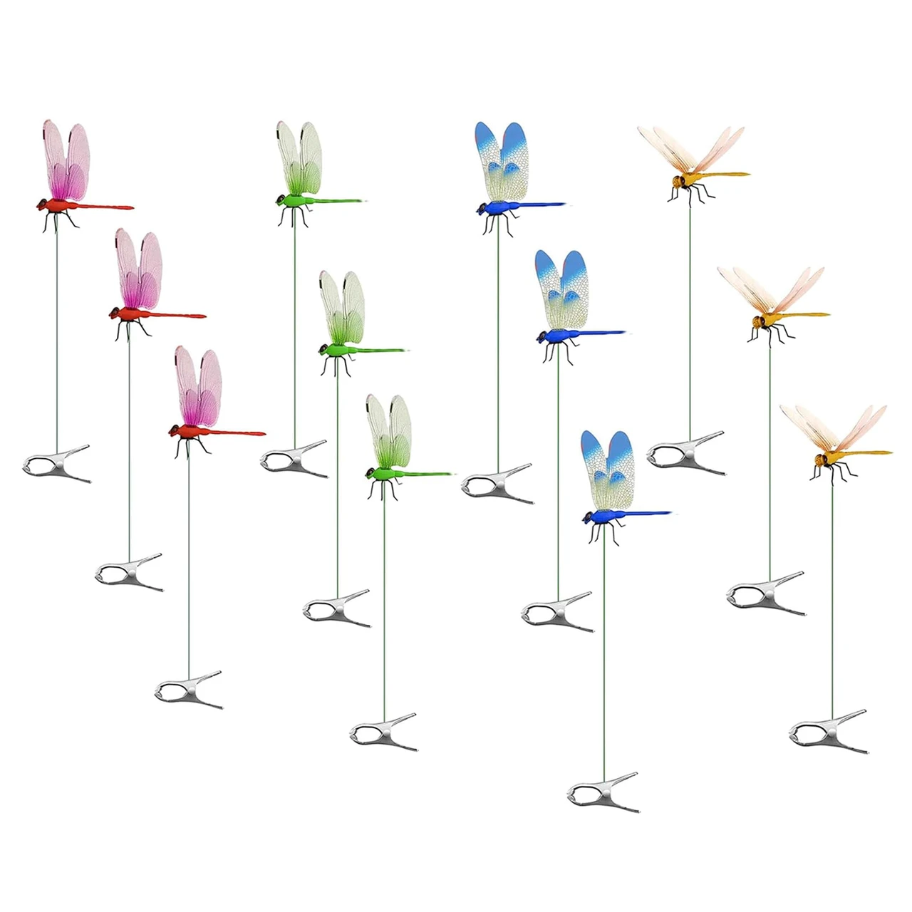12 Pack Dragonfly Clip,Fake Dragonflies, Humming Bird Stakes Fake, Plastics Dragonfly for Garden Stakes Decor Yard Ornaments for Hat,Deer and Horse,Fly Scare Devices for Indoor Outdoor
