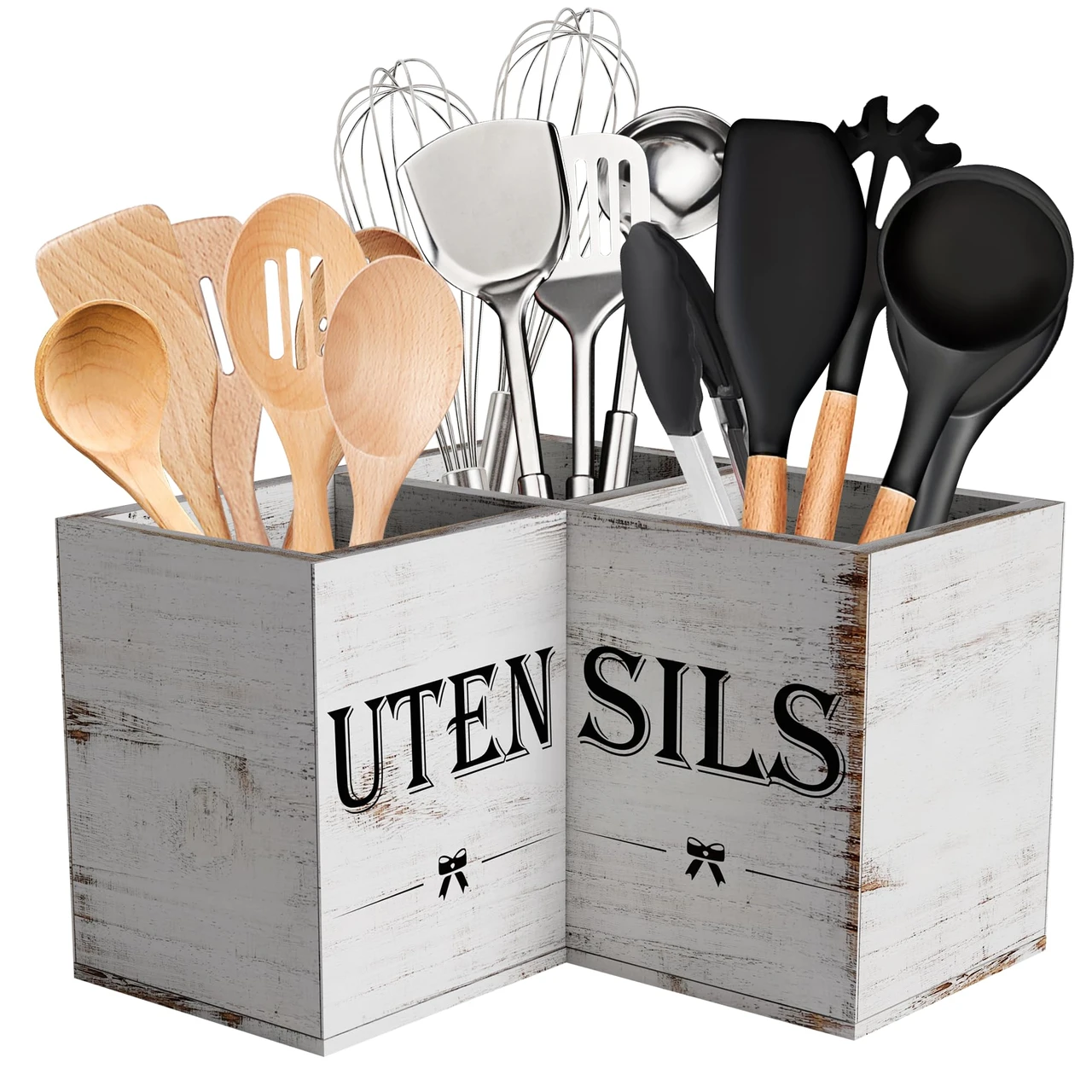 Suli Extra Large Kitchen Utensils Holder with 3 Compartments,Corner Shelf,Wooden Utensil Organizer for Kitchen Countertop, Farmhouse Decor, Rustic Cooking Utensil - White grain