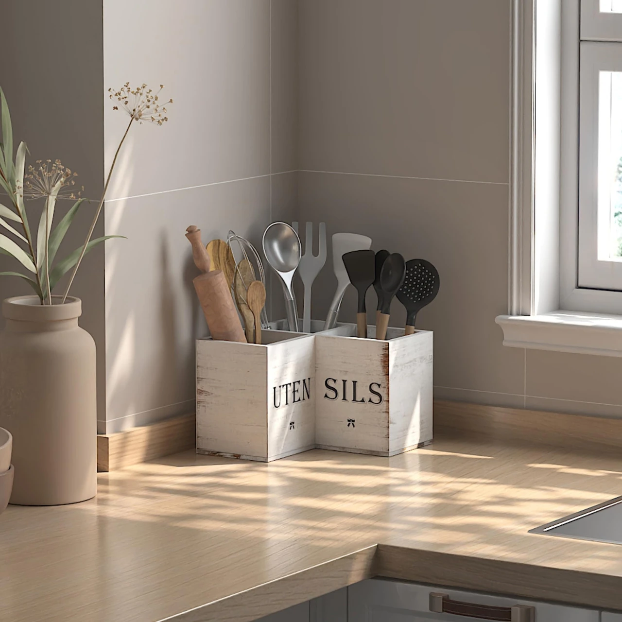 Suli Extra Large Kitchen Utensils Holder with 3 Compartments,Corner Shelf,Wooden Utensil Organizer for Kitchen Countertop, Farmhouse Decor, Rustic Cooking Utensil - White grain