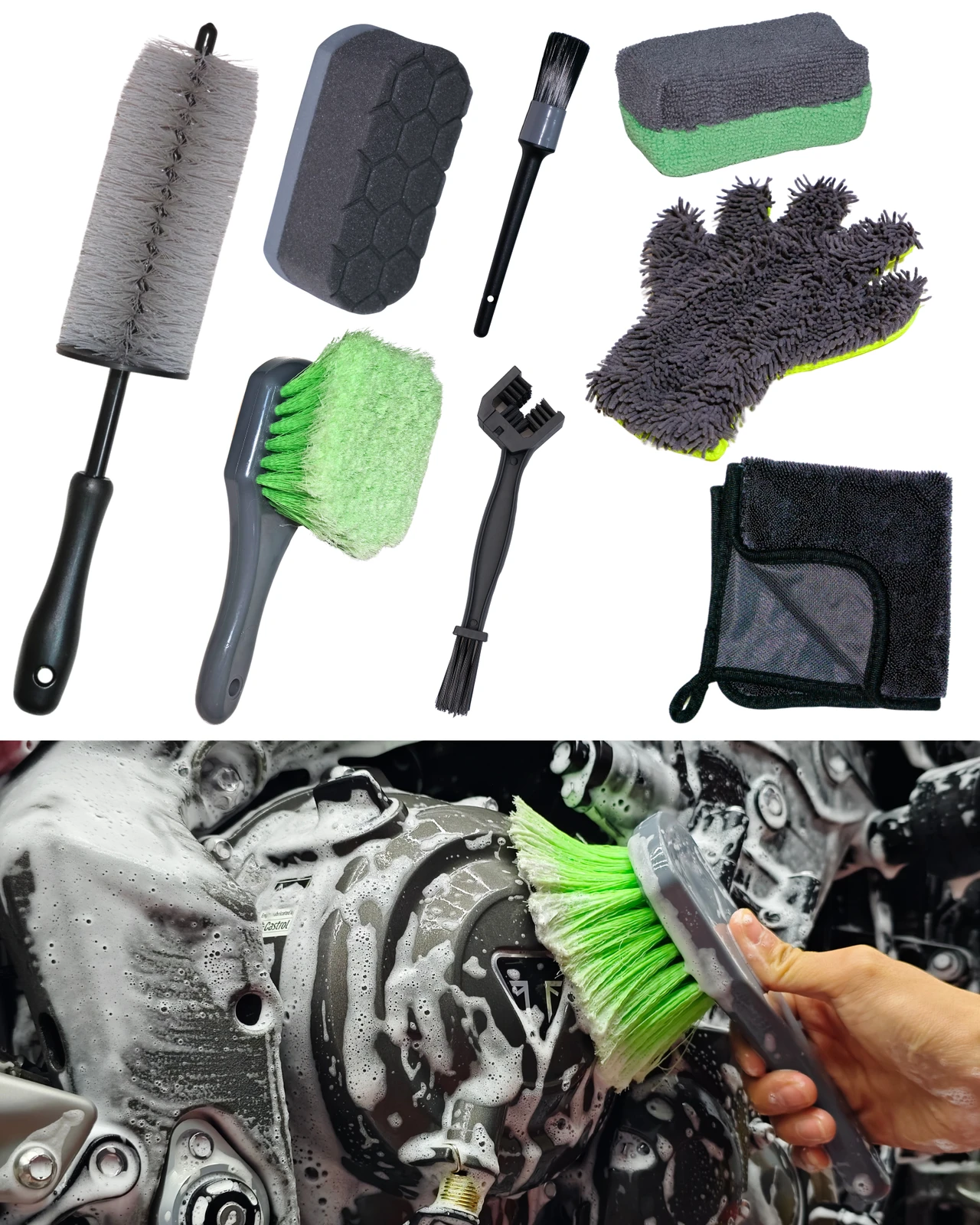 oesee 8 Pack Motorcycle Cleaning Kit - Professional Safe for Chrome/Engine/Tires, Hard Reach Brush, Microfiber Mitt, Detailing Tools, Drying Towel & Wax Applicators