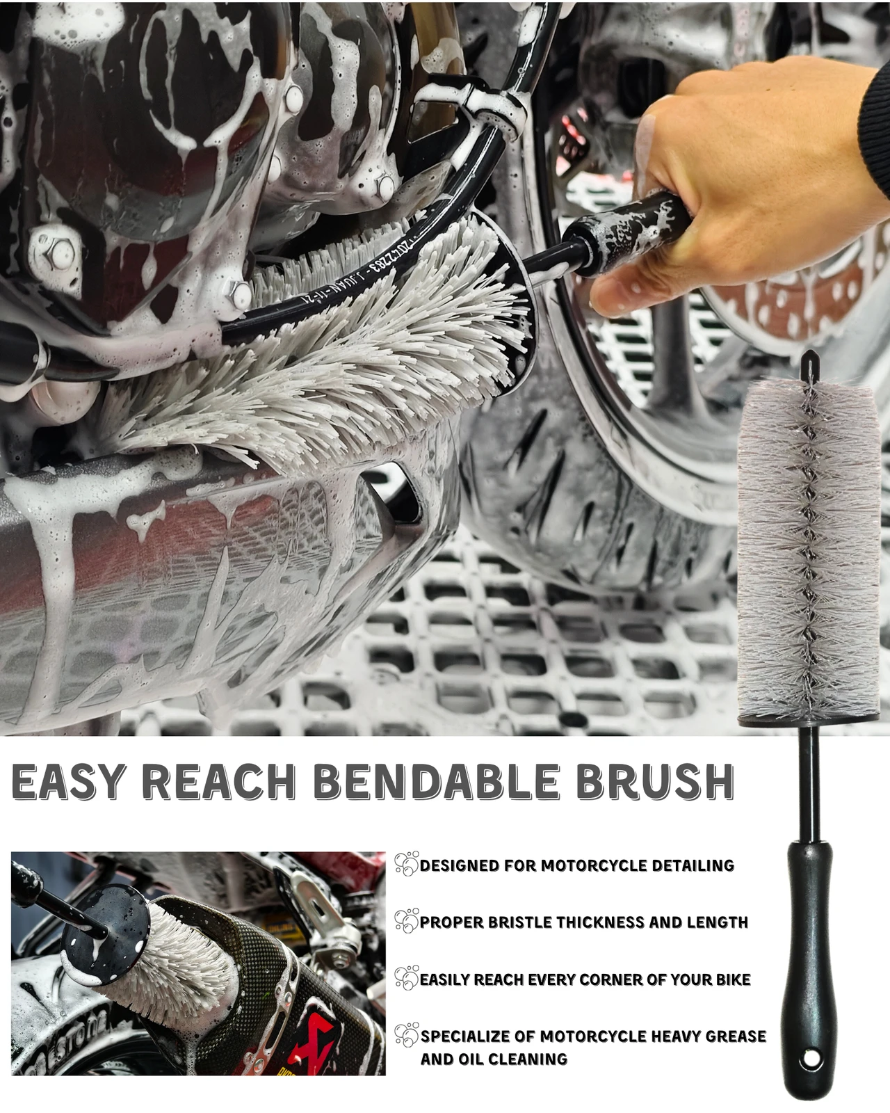 oesee 8 Pack Motorcycle Cleaning Kit - Professional Safe for Chrome/Engine/Tires, Hard Reach Brush, Microfiber Mitt, Detailing Tools, Drying Towel & Wax Applicators