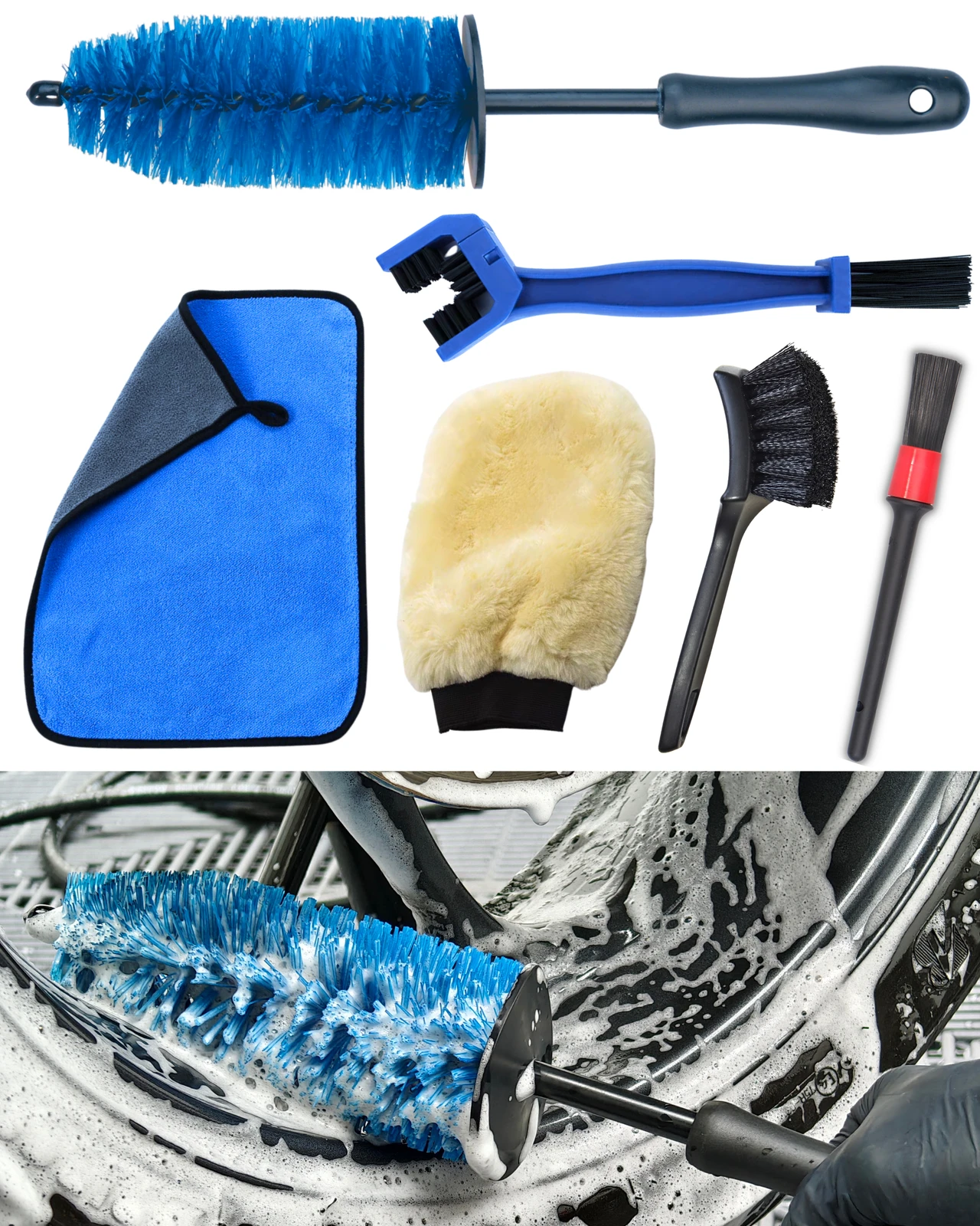 oesee Motorcycle Cleaning Brush Kit 6 Pack, Easy Reach Brush, Chain Brush,Wool Wash Mitt, Stiff Tire Brush, Detailing Brush& Microfiber Towel for Motorcycle Mudguard, Rims,Exhaust, Frame Detailing Wash Kit