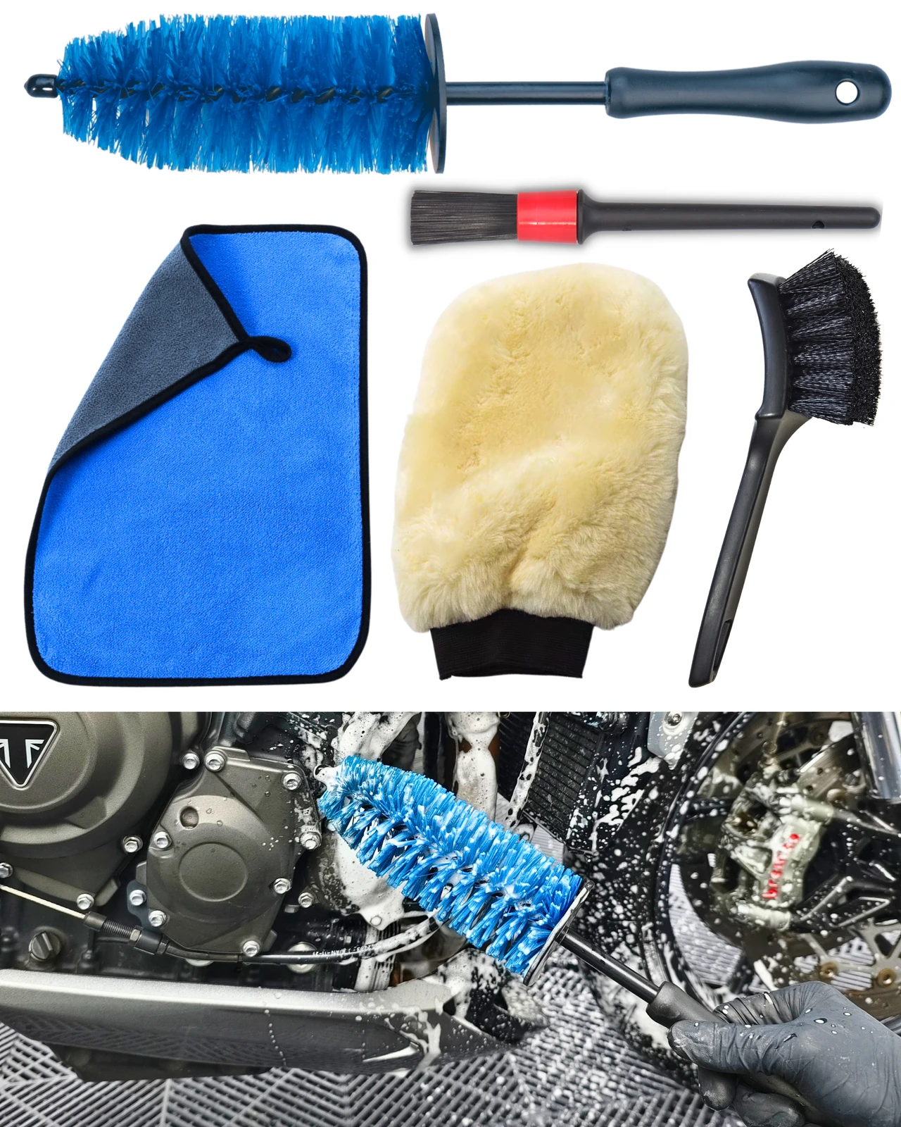 oesee Motorcycle Cleaning Brush Kit, Easy Reach Brush, Wool Wash Mitt, Stiff Tire Brush, Detailing Brush& Microfiber Towel for Motorcycle Mudguard, Rims, Paint, Exhaust