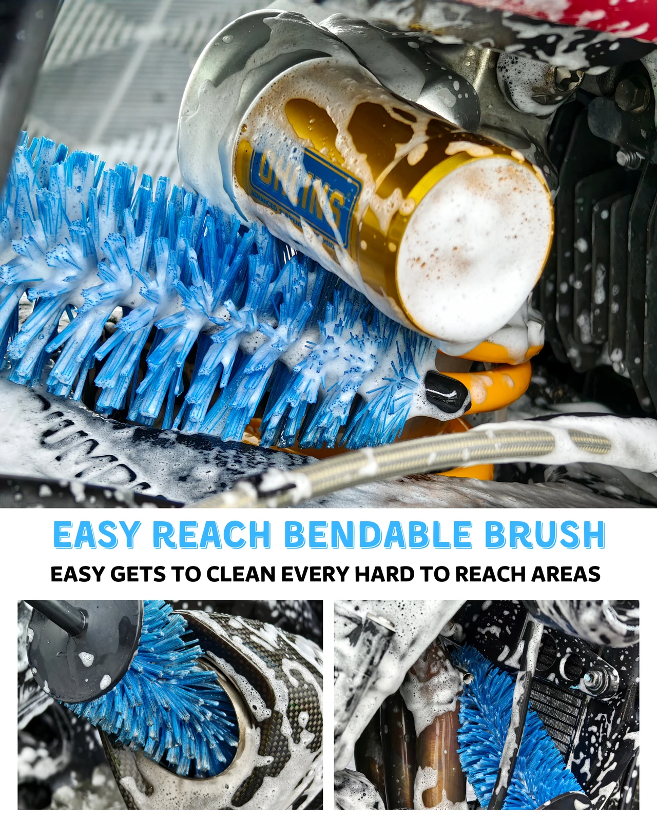 oesee Motorcycle Cleaning Brush Kit, Easy Reach Brush, Wool Wash Mitt, Stiff Tire Brush, Detailing Brush& Microfiber Towel for Motorcycle Mudguard, Rims, Paint, Exhaust