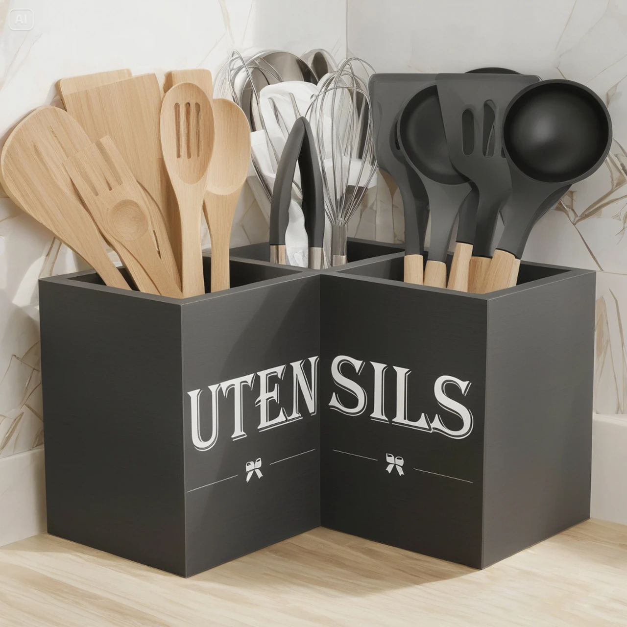 Suli Extra Large Kitchen Utensils Holder with 3 Compartments,Corner Utensil Caddy for Countertop,Wooden Utensil Organizer for Kitchen Countertop, Farmhouse Decor- Black