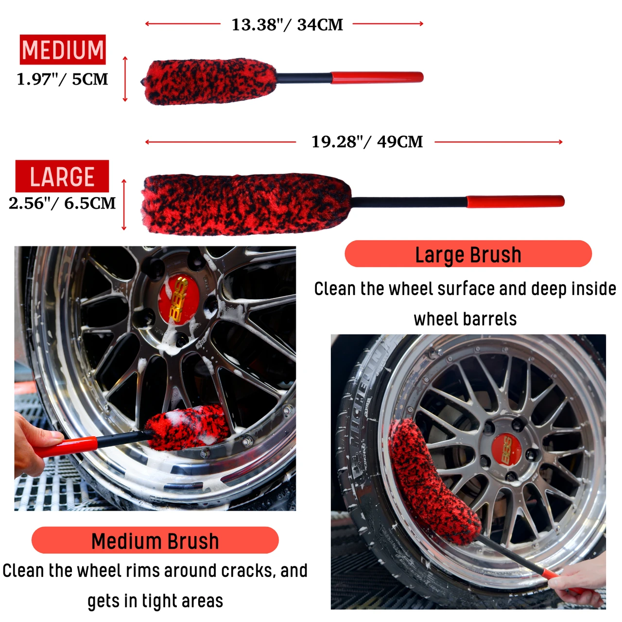 oesee Professional 4 Pack Long Handle Wheel Brush Kit for Cleaning Wheel and Tire- 2X Soft Wheel Cleaning Brush, Detailing Brush and Stiff Tire Brush, Bendable& Durable Wheel Rim Cleaner Brush Set