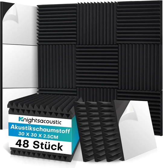 Schalldichte Schaumstoffplatten für Wände, selbstklebend, 30,5 x 30,5 x 2,5 cm, Akustikplatten mit hoher Dichte, schallabsorbierend, feuerbeständig, Studio-Schallschutz, Schwarz, 48
