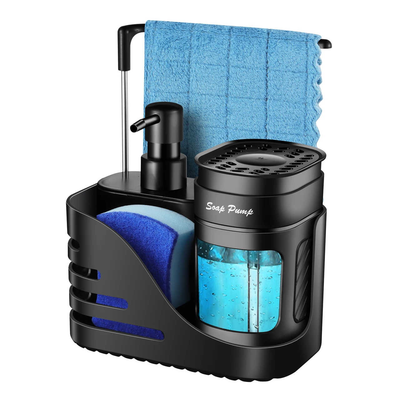 Kitchen Soap Dispenser Set, 4-in-1 Dual Hand and Dish Soap Dispenser with Sponge Holder and Dishcloth Holder for Kitchen Sink (Black)