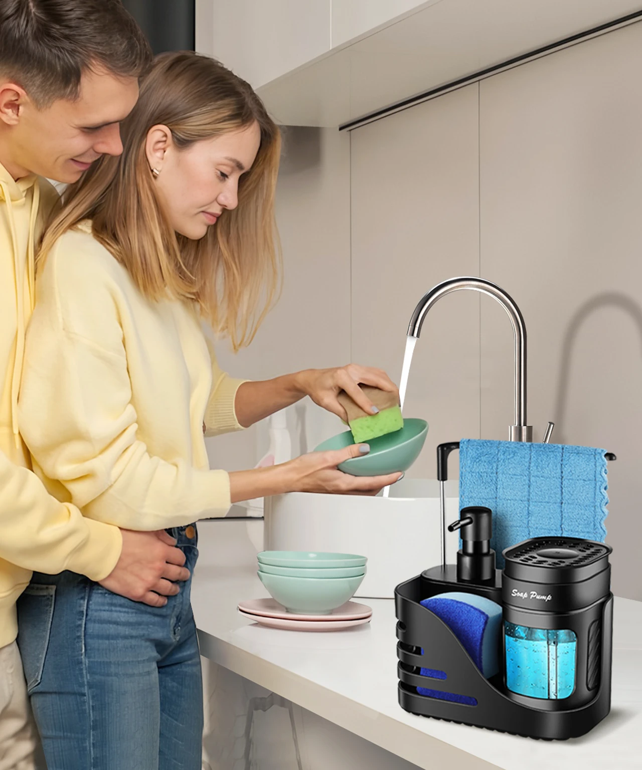 Kitchen Soap Dispenser Set, 4-in-1 Dual Hand and Dish Soap Dispenser with Sponge Holder and Dishcloth Holder for Kitchen Sink (Black)