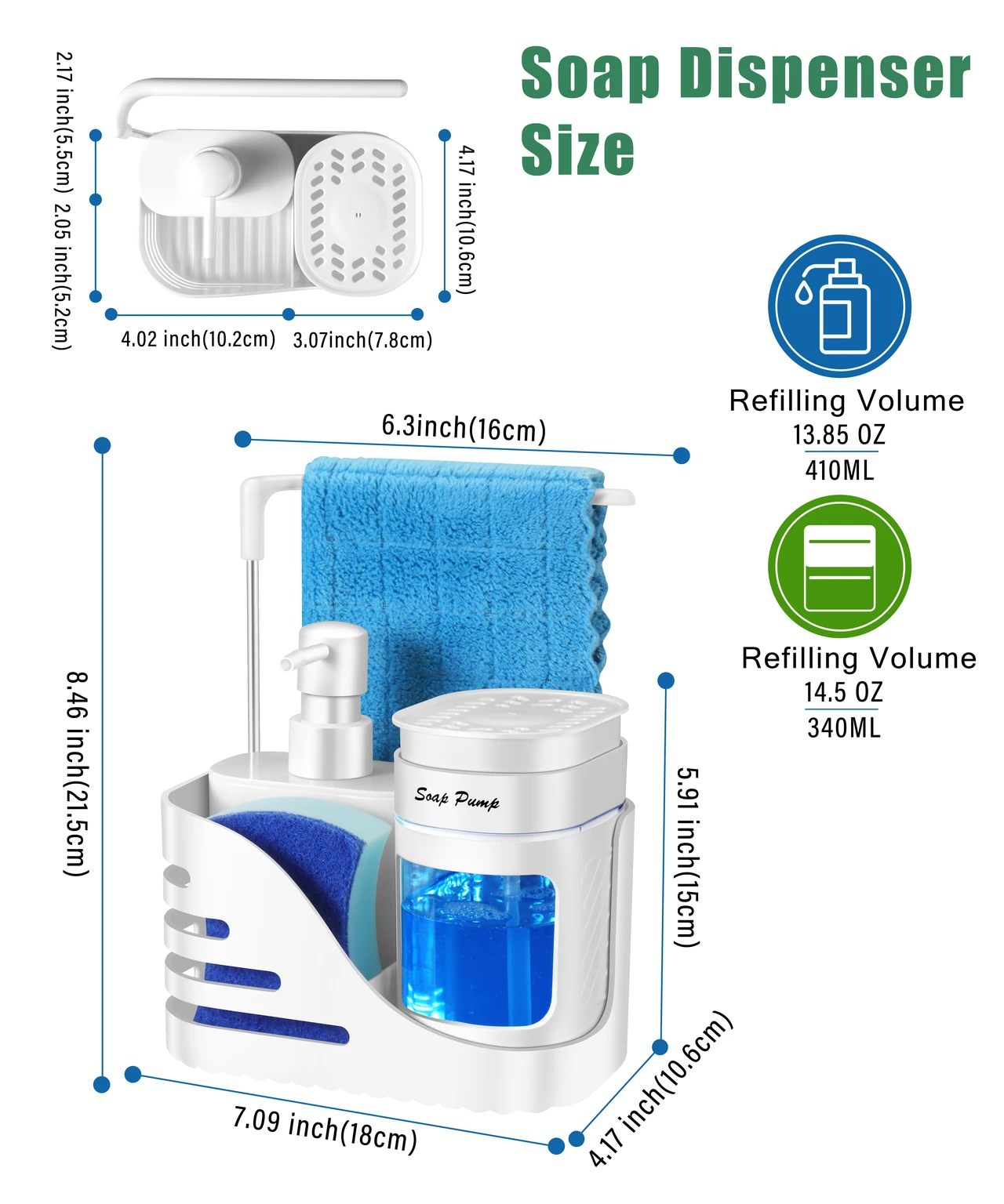 Kitchen Soap Dispenser Set, 4-in-1 Dual Hand and Dish Soap Dispenser with Sponge Holder and Dishcloth Holder for Kitchen Sink (White)