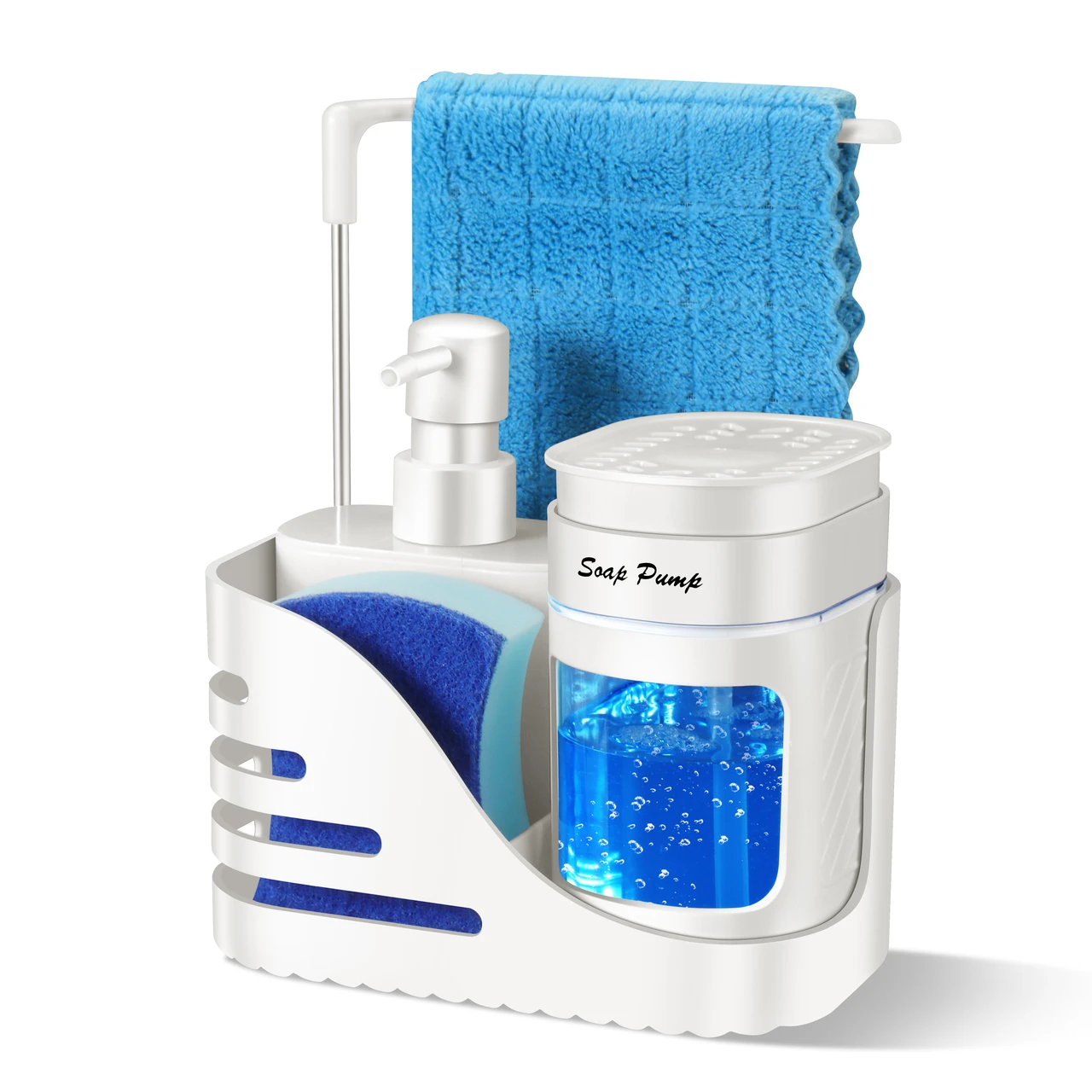 Kitchen Soap Dispenser Set, 4-in-1 Dual Hand and Dish Soap Dispenser with Sponge Holder and Dishcloth Holder for Kitchen Sink (White)