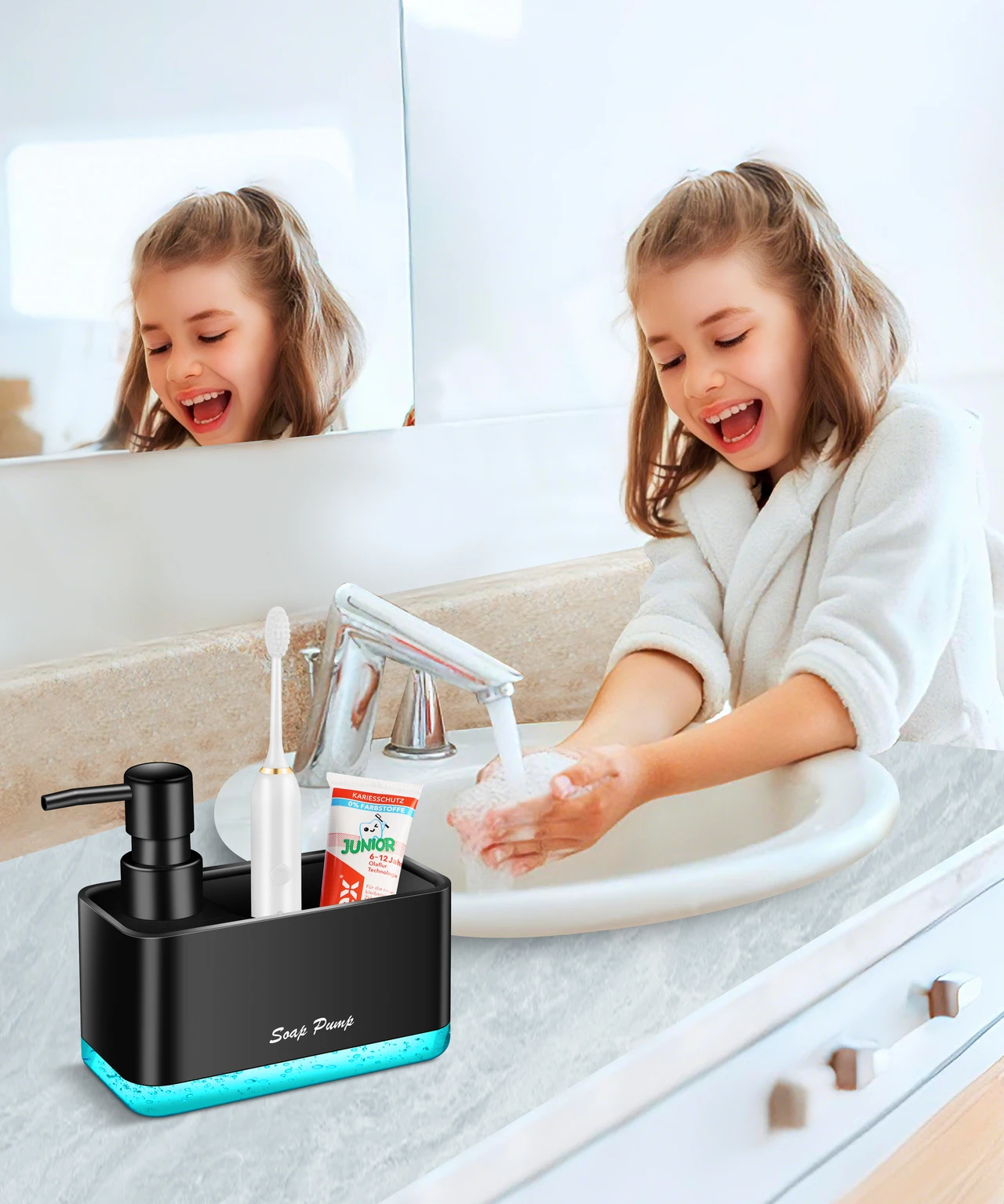 Dish Soap Dispenser with Sponge Holder, 2-in-1 Countertop Small Soap Dispenser for Kitchen and Bathroom, Multi-Scene for Dish Soap, Hand Soap, Lotion, Body Wash (Black)