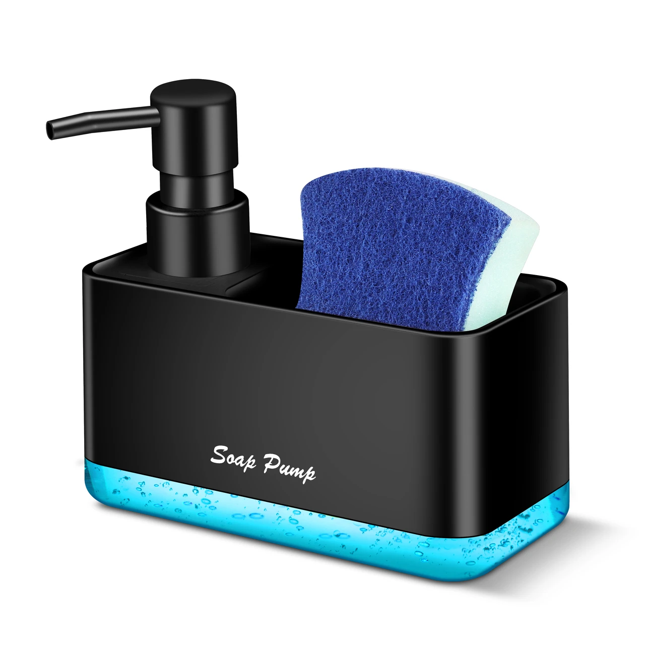 Dish Soap Dispenser with Sponge Holder, 2-in-1 Countertop Small Soap Dispenser for Kitchen and Bathroom, Multi-Scene for Dish Soap, Hand Soap, Lotion, Body Wash (Black)