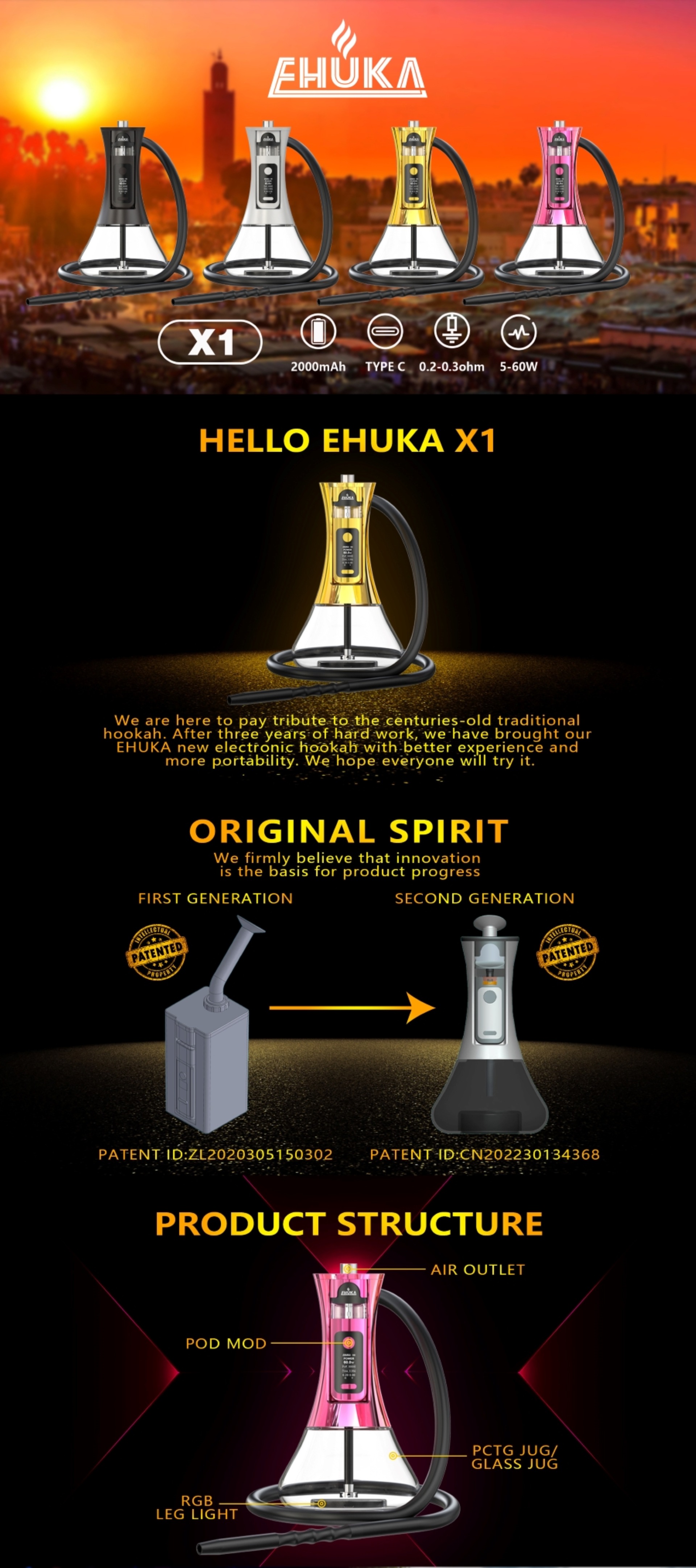 EHUKA X1 shisha vape with HD Smart screen, mesh coil, 60w mod adjustable airflow, for daily use