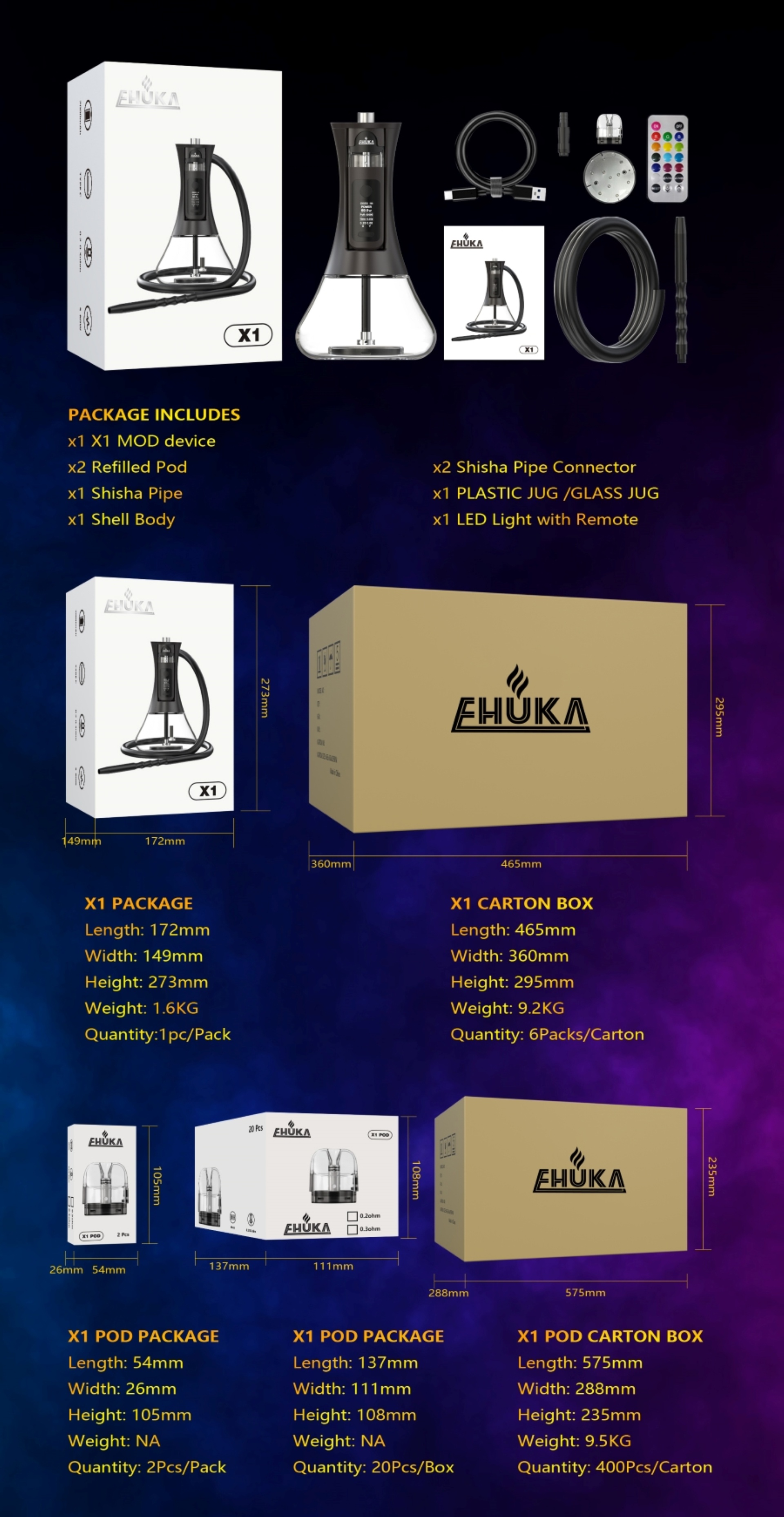 EHUKA X1 hookah vapes kit, smart chip control, fast charging, refillable pod for rich smooth flavor