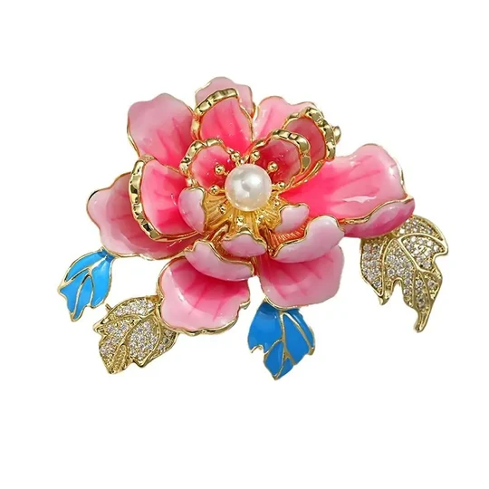 Chinese Style Pink Peony Brooch, 14K Gold Plated Enamel Flower Pin for Women