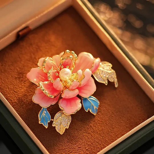 Chinese Style Peony Brooch Enamel Zircon Pearl Lapel Pin