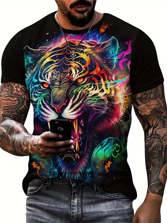 National style men's animal tiger 3D printed short-sleeved T-shirt for vacation, travel, and casual wear. Splashed ink design. Breathable and comfortable fabric. Umeda style. Fun geometric patterns.