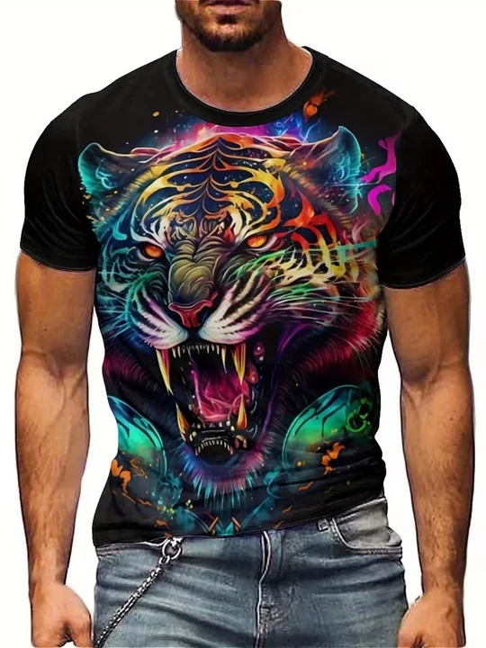National style men's animal tiger 3D printed short-sleeved T-shirt for vacation, travel, and casual wear. Splashed ink design. Breathable and comfortable fabric. Umeda style. Fun geometric patterns.