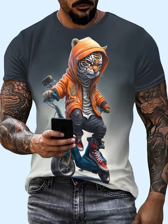 Men's large-sized fashionable t-shirt with 3D cartoon print. Ideal for casual sports wear. Elastic fabric, round neck, short sleeves. Perfect choice for summer. Large size.