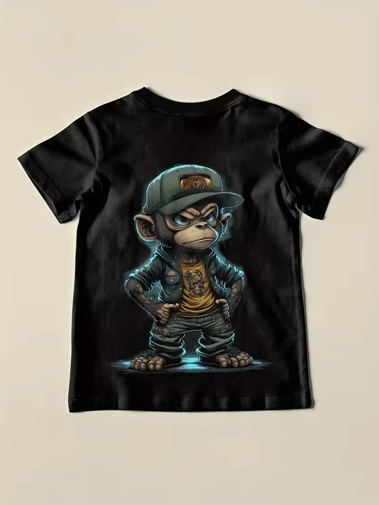 Hip-hop monkey print, men's flat design round-neck trendy t-shirt, summer casual and comfortable t-shirt, daily resort wear men's jacket