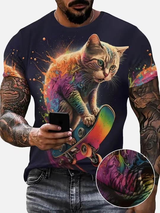 Funny and quirky animal cat pattern short-sleeved t-shirt for men, oversized casual t-shirt for summer, fitness and leisure wear for men, printed shirt in large size