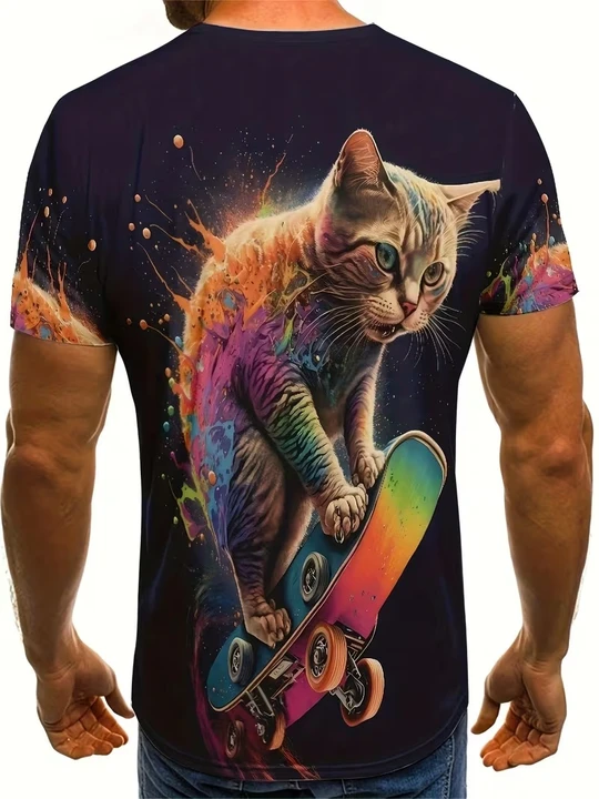 Funny and quirky animal cat pattern short-sleeved t-shirt for men, oversized casual t-shirt for summer, fitness and leisure wear for men, printed shirt in large size