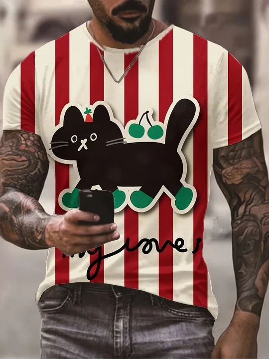 Men's striped cat-pattern round-neck short-sleeved casual daily T-shirt, summer comfortable and breathable clothing