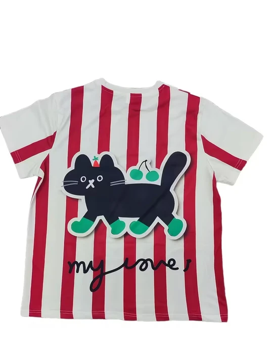 Men's striped cat-pattern round-neck short-sleeved casual daily T-shirt, summer comfortable and breathable clothing