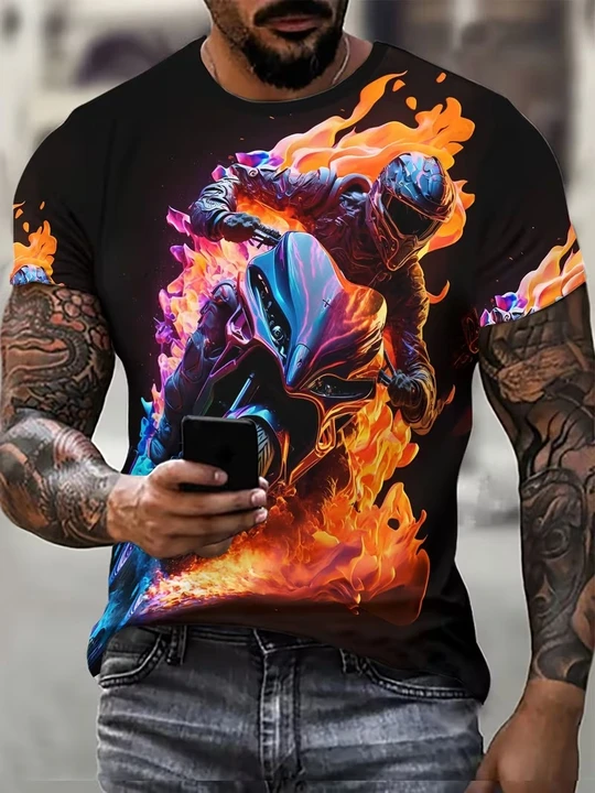 3D motion motorcycle pattern short-sleeved t-shirt for men, oversized casual t-shirt for summer, fitness and leisure wear for men, printed shirt, extra-large size