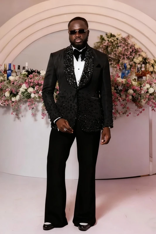 Carr Glamorous Black Beadings Shawl Lapel Best Fitted Wedding Men Suits