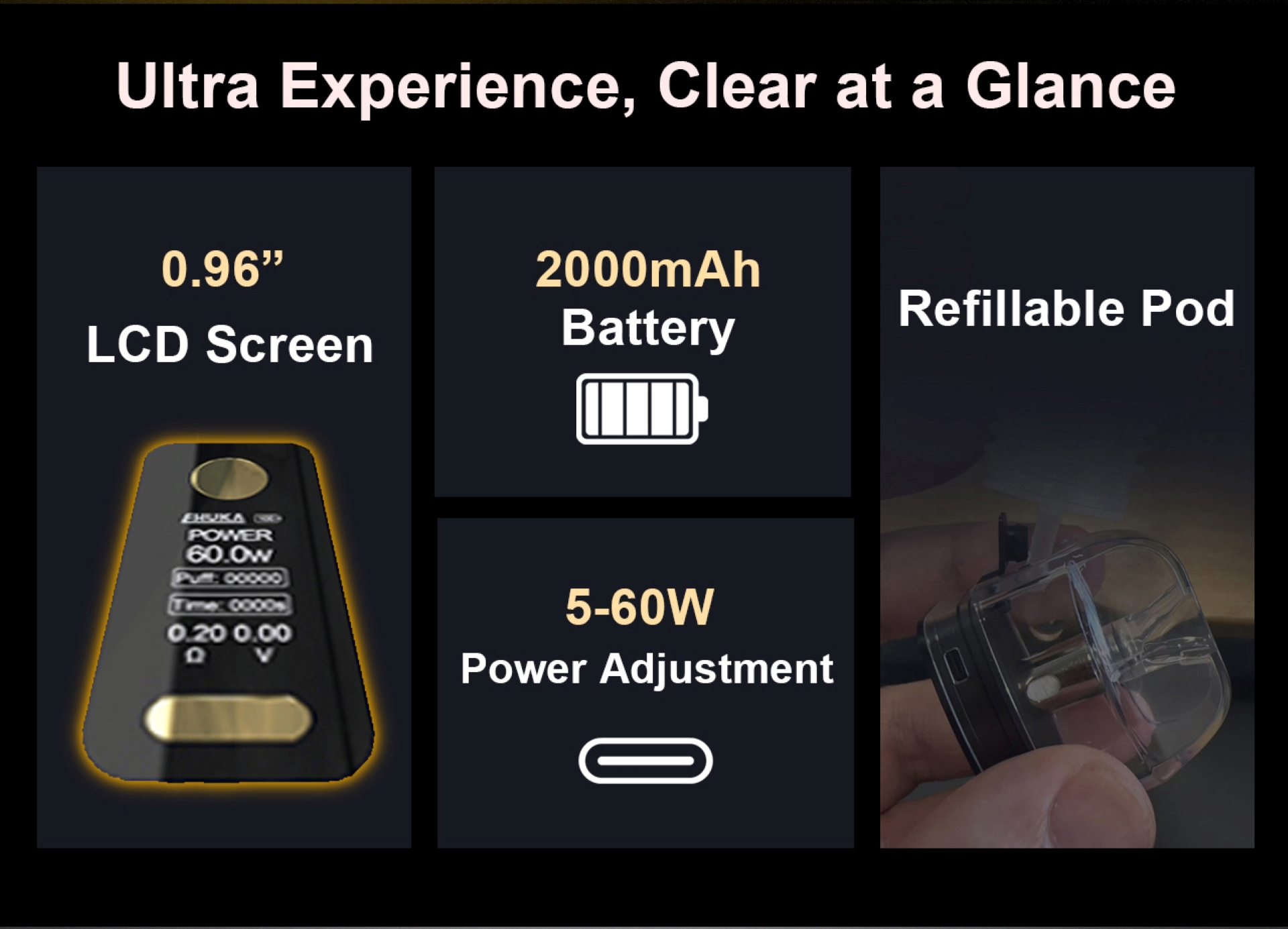 EHUKA X-GO key parts: 60W MOD, 10ML refillable pod, glass hookah bowl for top vaping & shisha