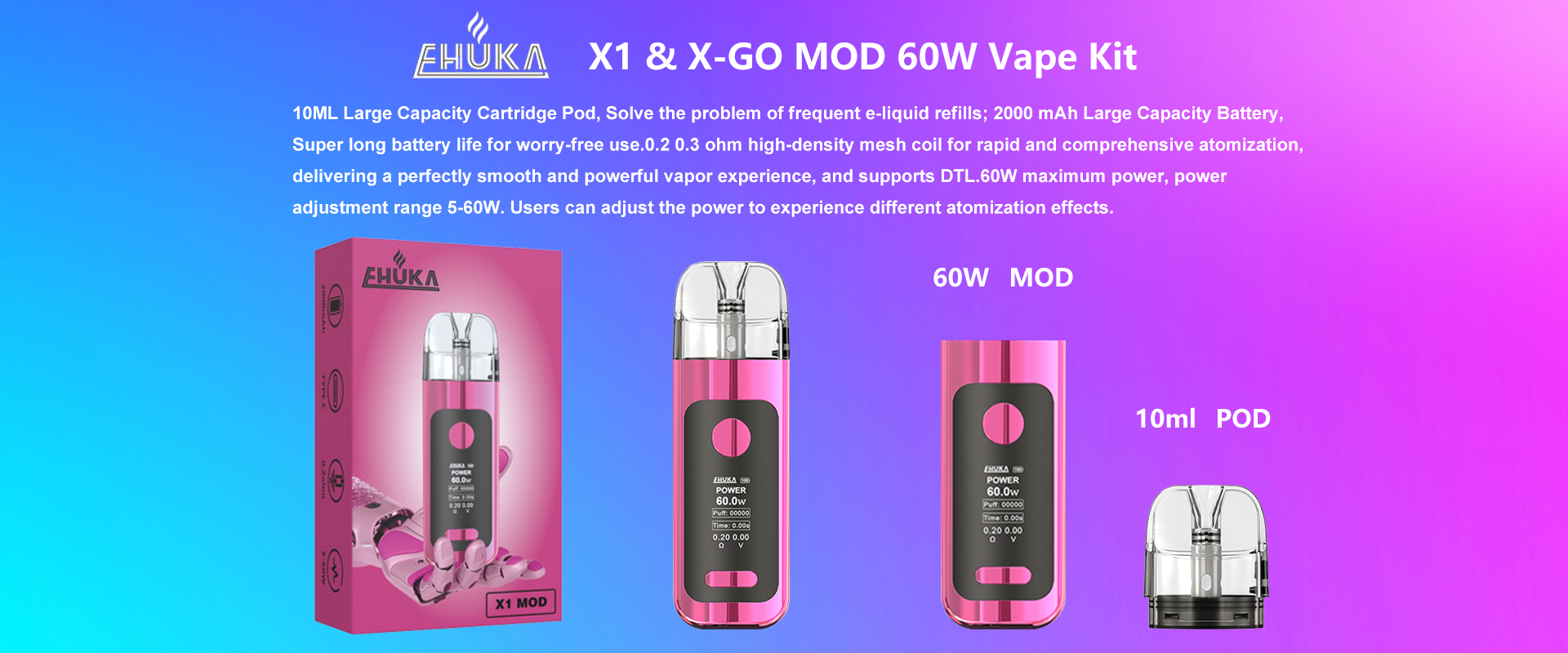 EHUKA X1 5W-60W adjustable power MOD with HD smart display
