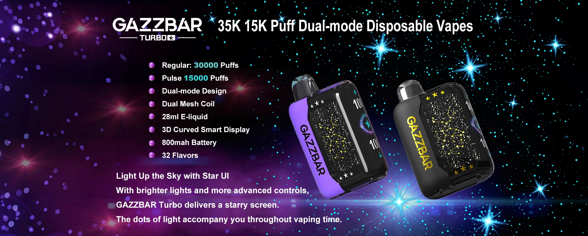 GAZZBAR Turbo 30K 30000 puff disposable vape with 3D curved screen and starry lights