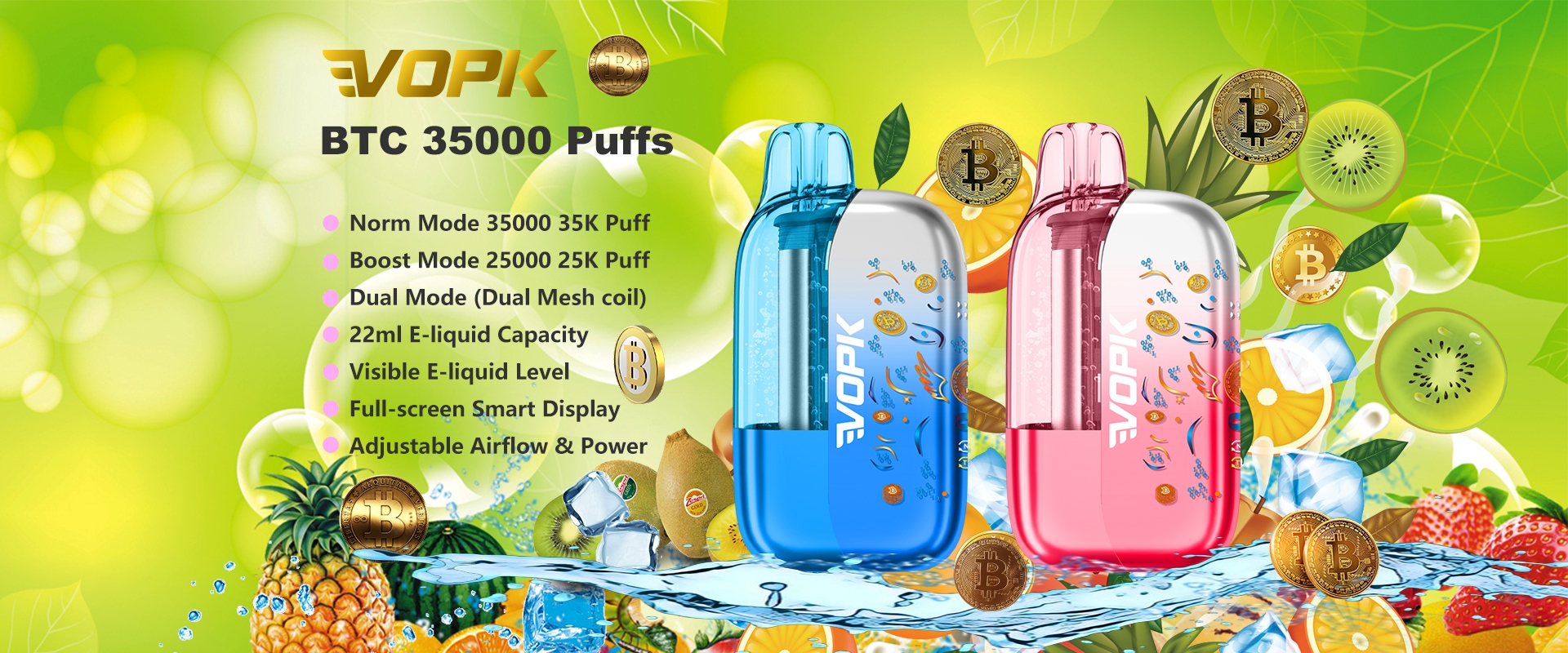 VOPK BTC 35K rechargeable disposable vape with Type-C charging, custom airflow and dual mode