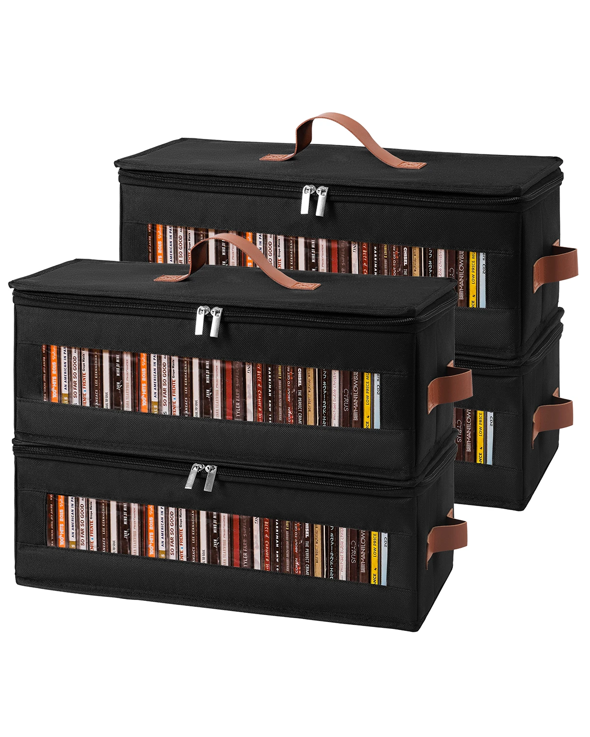 Qozary CD Storage Box - 4 Pack CD Case Holder with Clear Window, Holds 150 Jewel Cases, Media Storage Rack for DVDs, CDs, Video Game Disks, Blu Ray Disc-16.5 × 8.3 × 8 in, Black