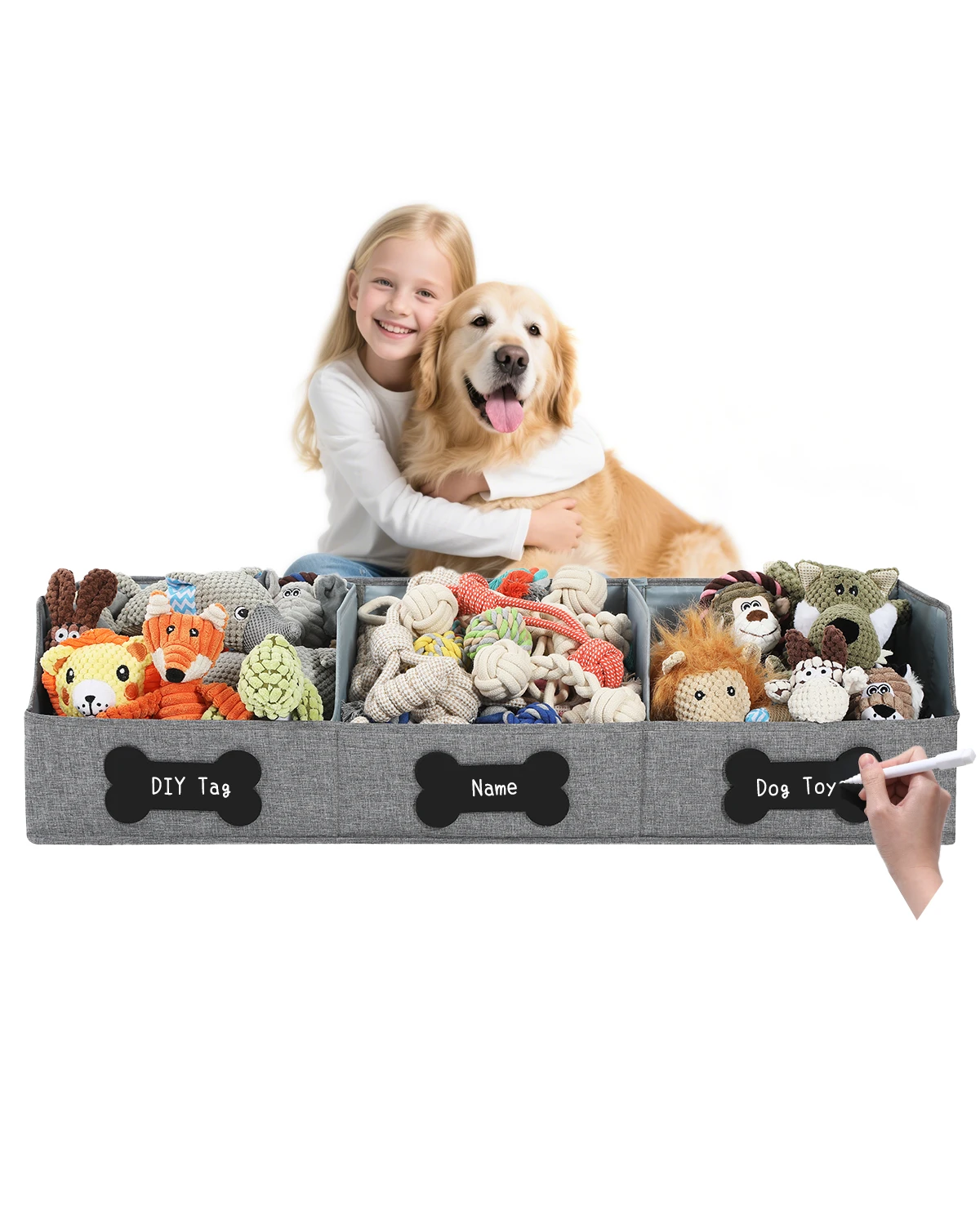 Qozary Large Dog Toy Basket with Diy Tag - Collapsible Dog Toy Bin, Fabric Personalized Pet Toy Box, Trapezoid Storage and Organizer for Pet Supplies