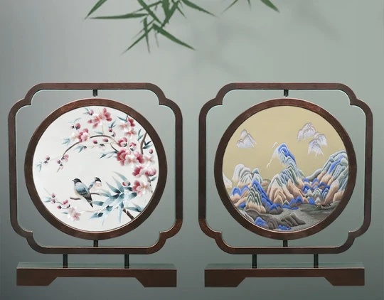 Handmade Double-Sided Su Embroidery Ornament, Flower Bird and Thousand Miles Landscape Pattern, Good Luck and Grand Ambition Chinese Home Decor Corporate Gift