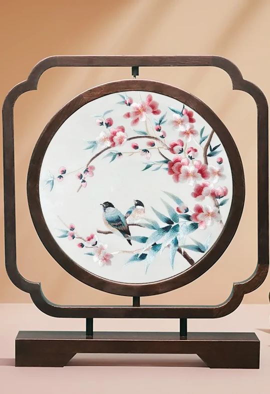 Handmade Double-Sided Su Embroidery Ornament, Flower Bird and Thousand Miles Landscape Pattern, Good Luck and Grand Ambition Chinese Home Decor Corporate Gift