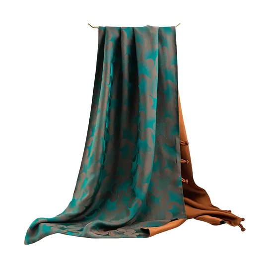 Luxury double-layer mulberry silk scarf with traditional Chinese print, lustrous satin finish, elegant oriental accessory for women