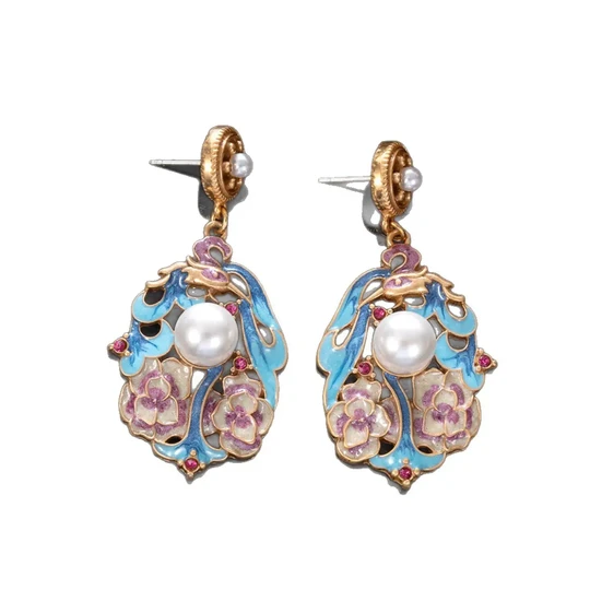 Chinese vintage blue enamel crane pearl dangle earrings for women, oriental cloisonne jewelry