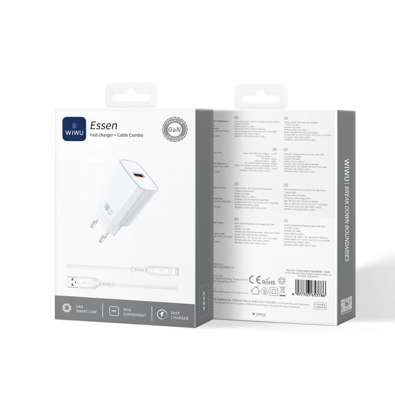 WIWU-G006 ESSEN 18W GaN CARICATORE RAPIDA USB+L CAVO BIANCO