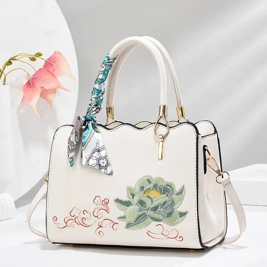 Chinese Style Embroidery Handbag - White Elegant Women's Tote Bag With Detachable Shoulder Strap And Silk Scarf, Large Capacity Commuter Purse, Perfect Mother's Day Gift