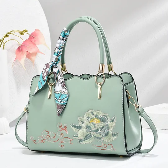 Chinese Style Embroidery Handbag - Green Elegant Women's Tote Bag With Detachable Shoulder Strap And Silk Scarf, Large Capacity Commuter Purse, Perfect Mother's Day Gift