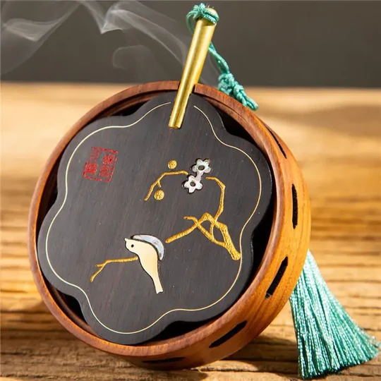Fan Incense Burner - Chinese Traditional Wooden And Brass Coil Incense Holder