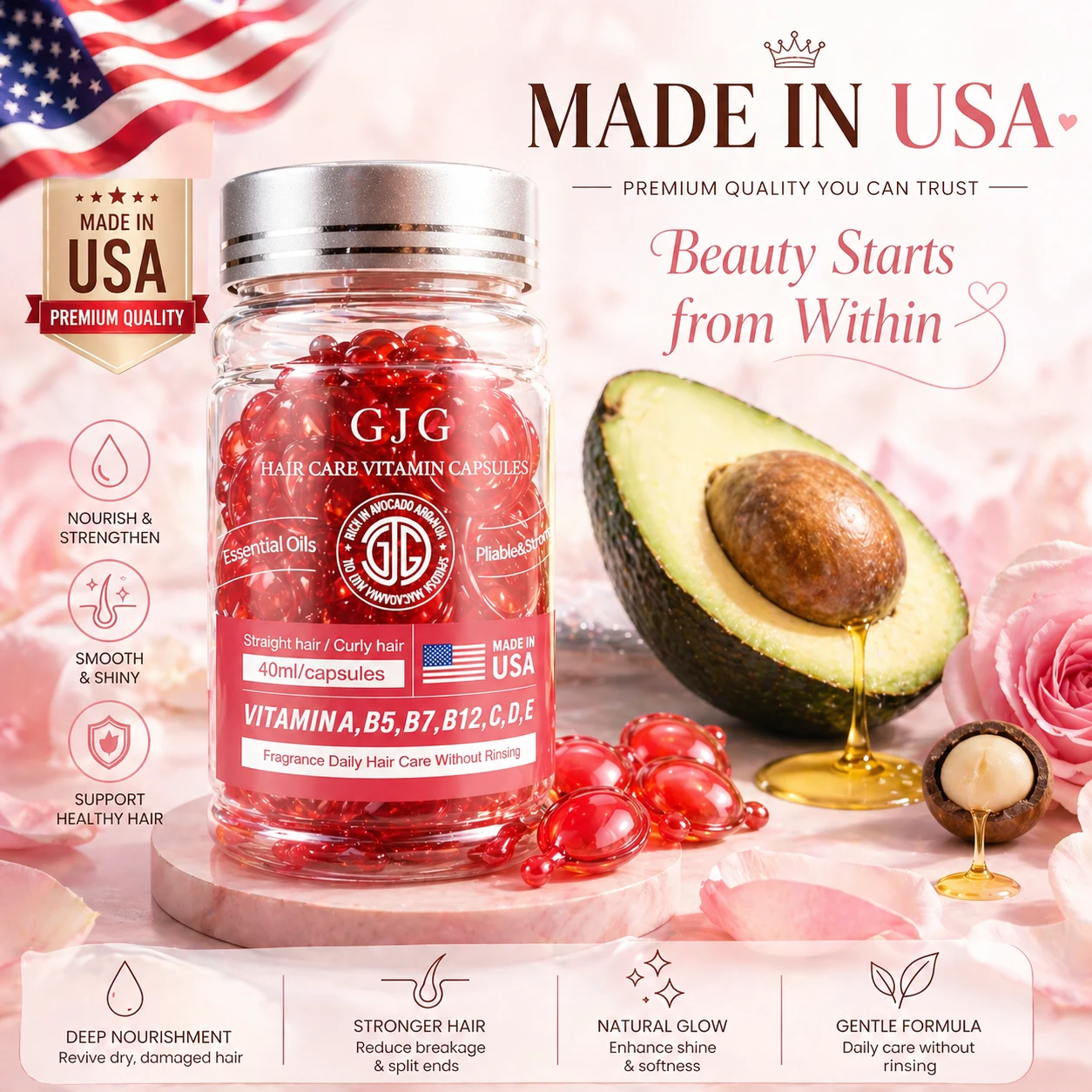 [MADE IN USA] Hair Care Vitamins Hair Treatment Serum 40 Capsules - No Rinse - Hair Oil for Frizzy for Women & Men