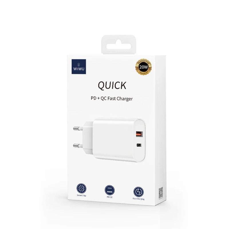 WIWU WI-U002 QUICK DUAL 20W PD+QC CARICATORE RICARICA RAPIDA BIANCO